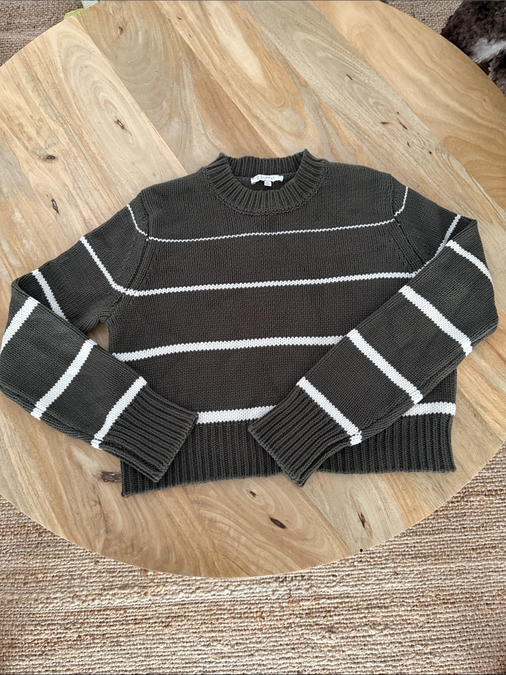 Z Supply Olive Green Stripe Cropped Crewneck Sweater